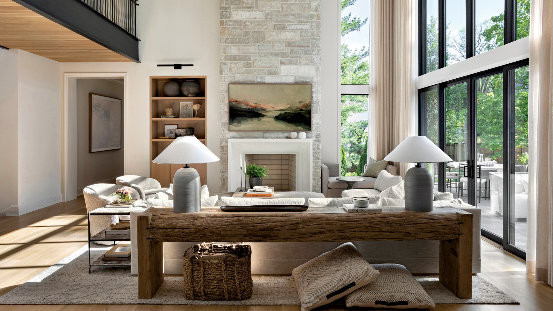 Elegant modern interior living space with large windows and contemporary furniture