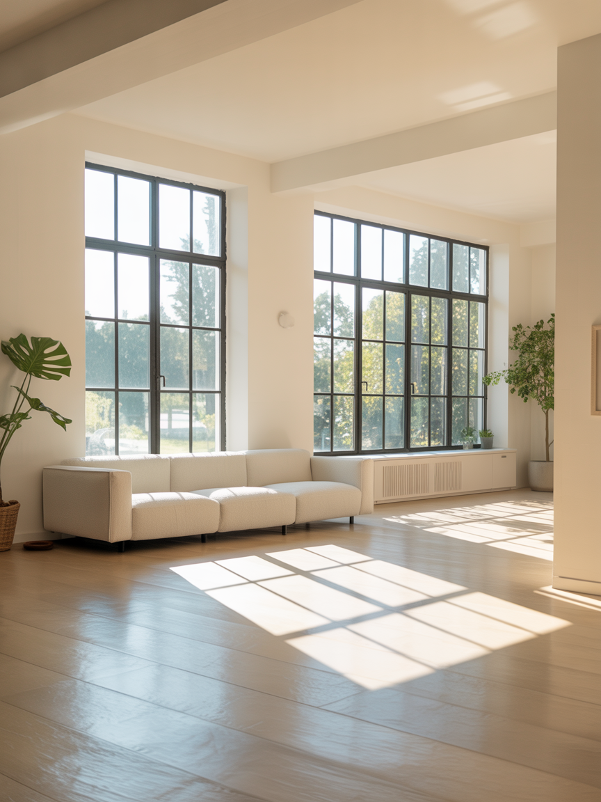 Bright modern living room with floor-to-ceiling windows and natural light