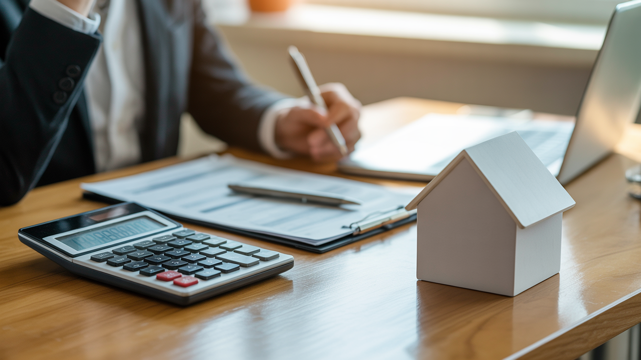 Home valuation concept with calculator and house model on desk